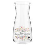 Clear glass with floral design and text on a white background