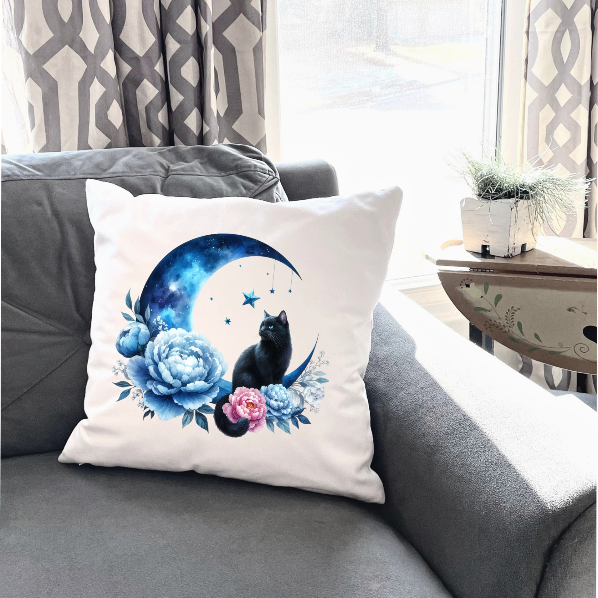 Moonlit Cat Floral Design – DTF Transfer