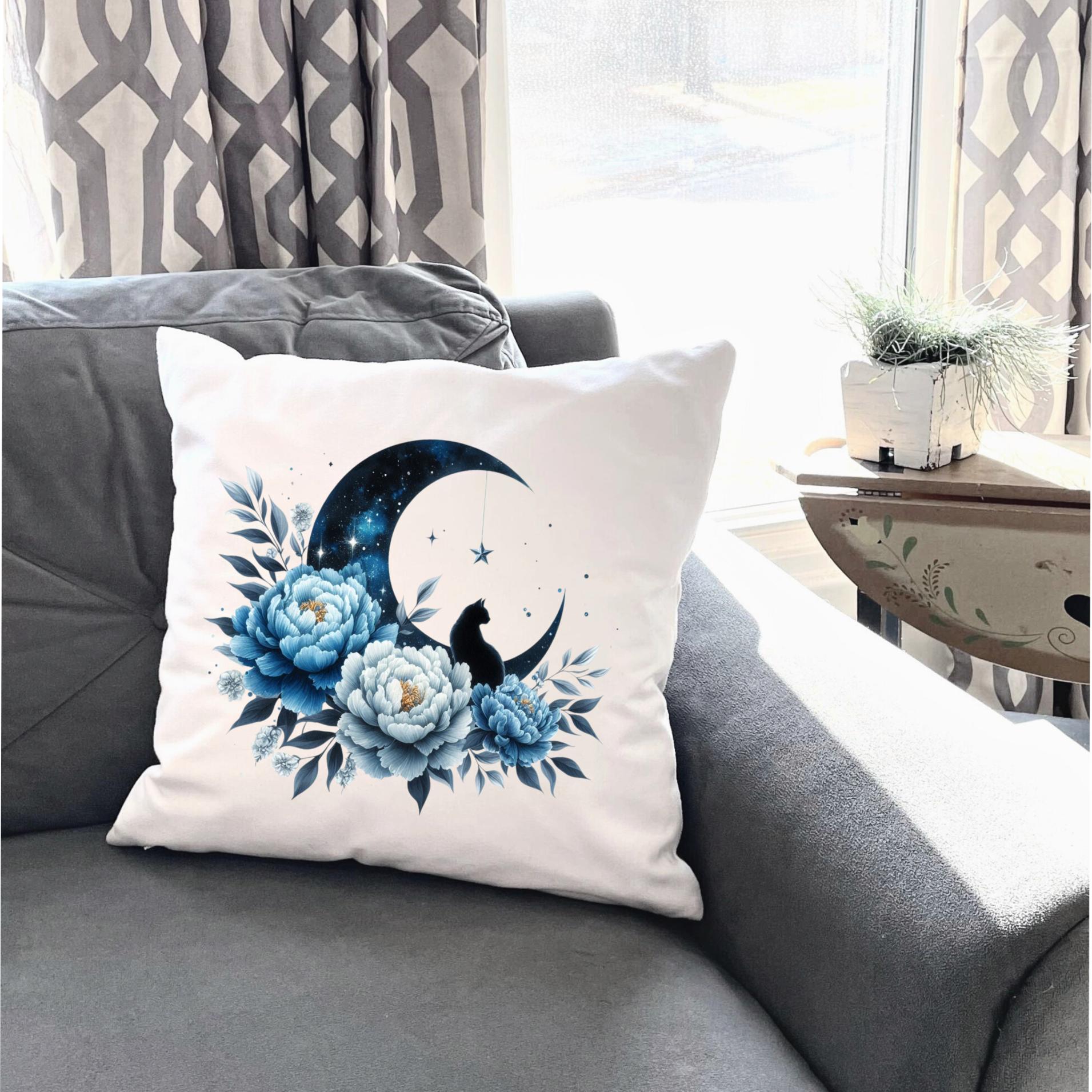 Moonlit Cat Floral Design – DTF Transfer