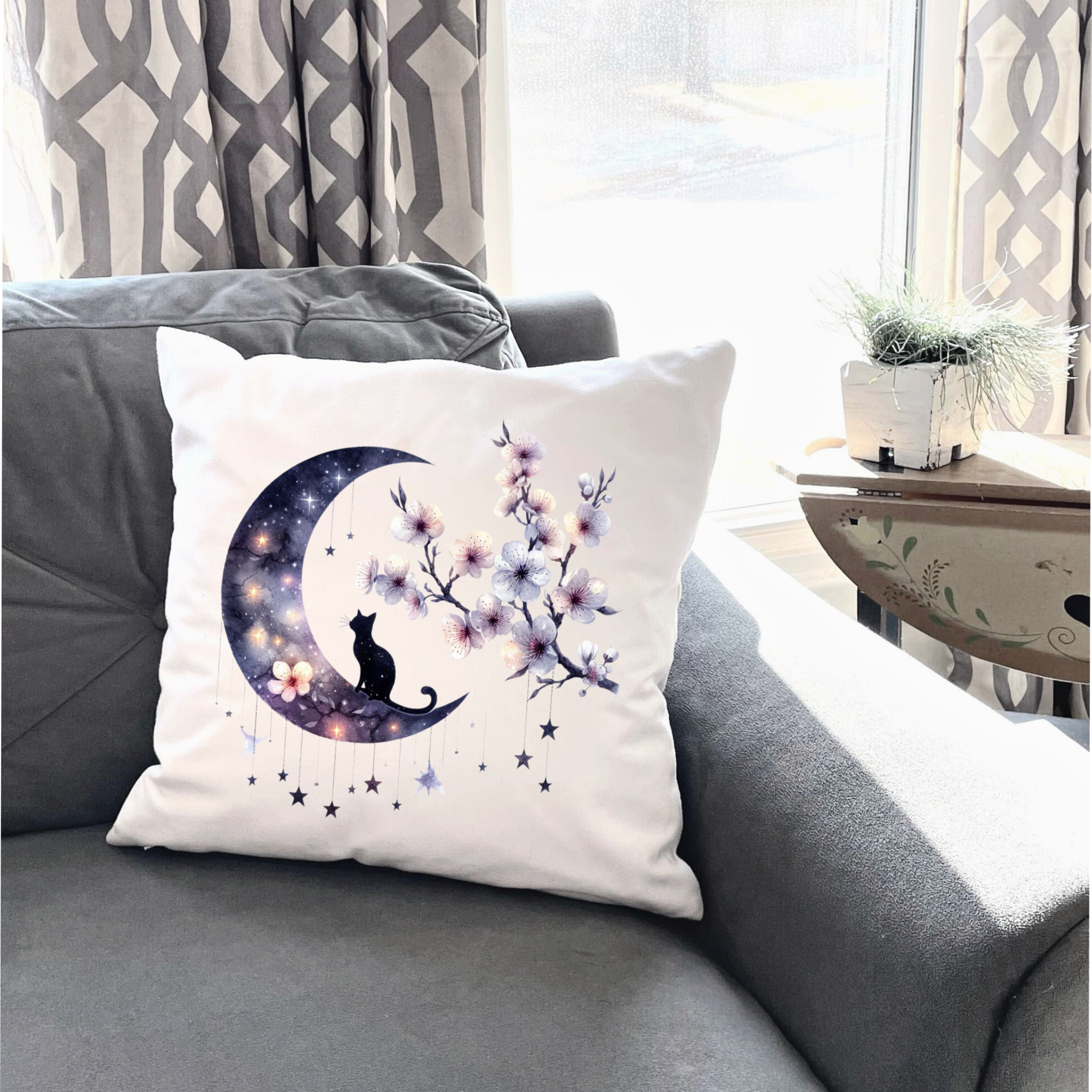 Moonlit Cat Floral Design – DTF Transfer