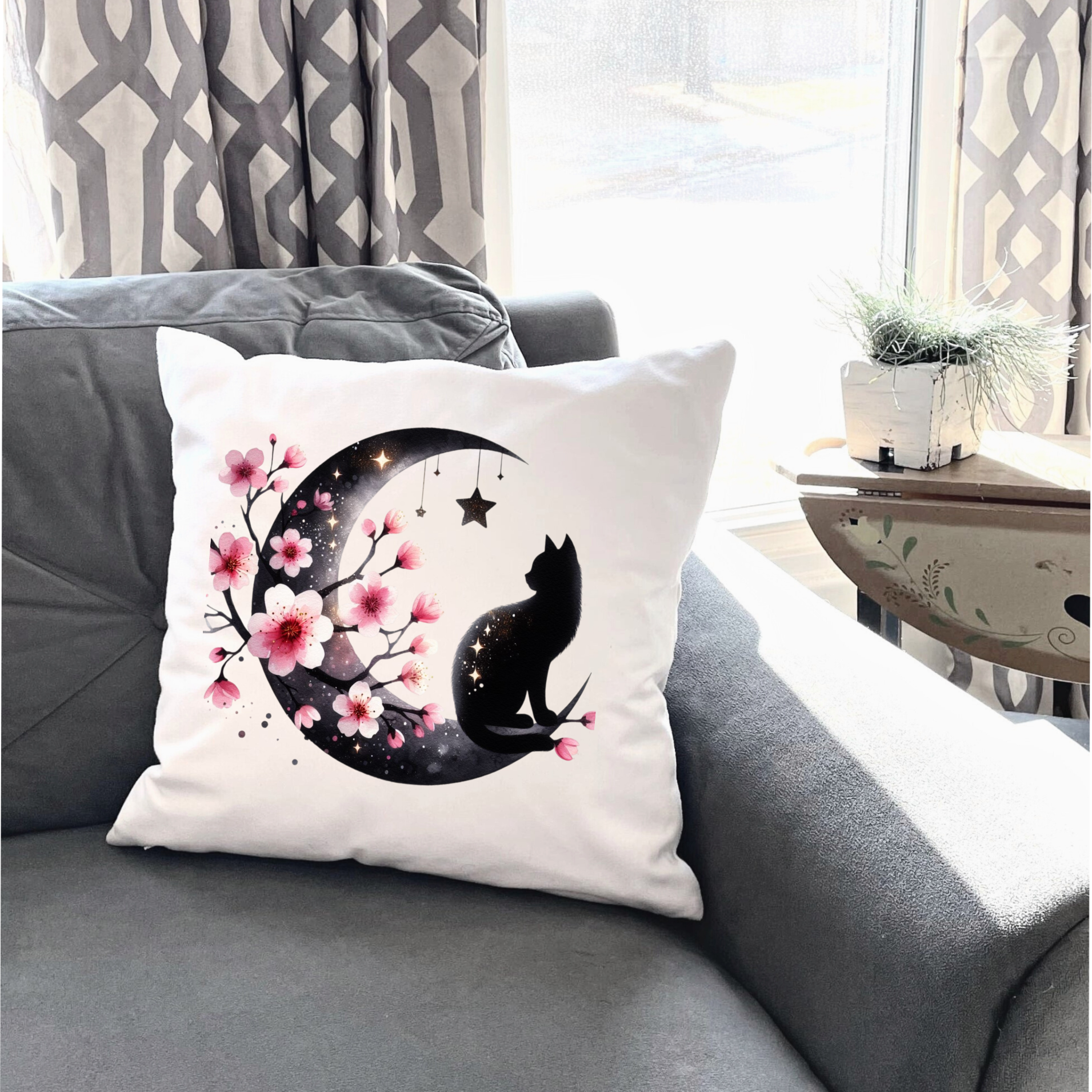 Moonlit Cat Floral Design – DTF Transfer