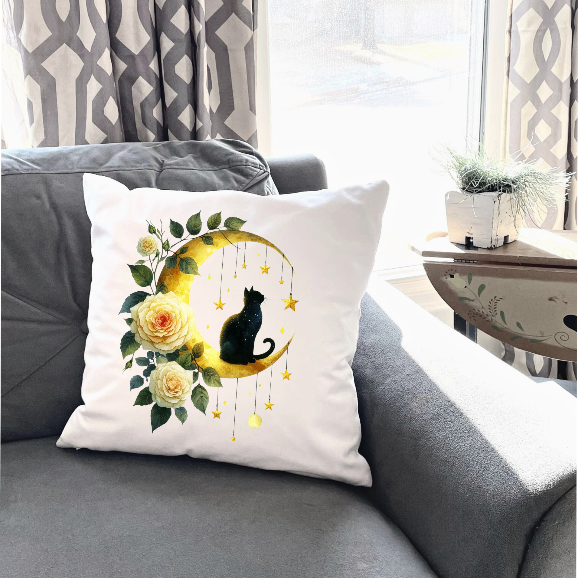 Moonlit Cat Floral Design – DTF Transfer