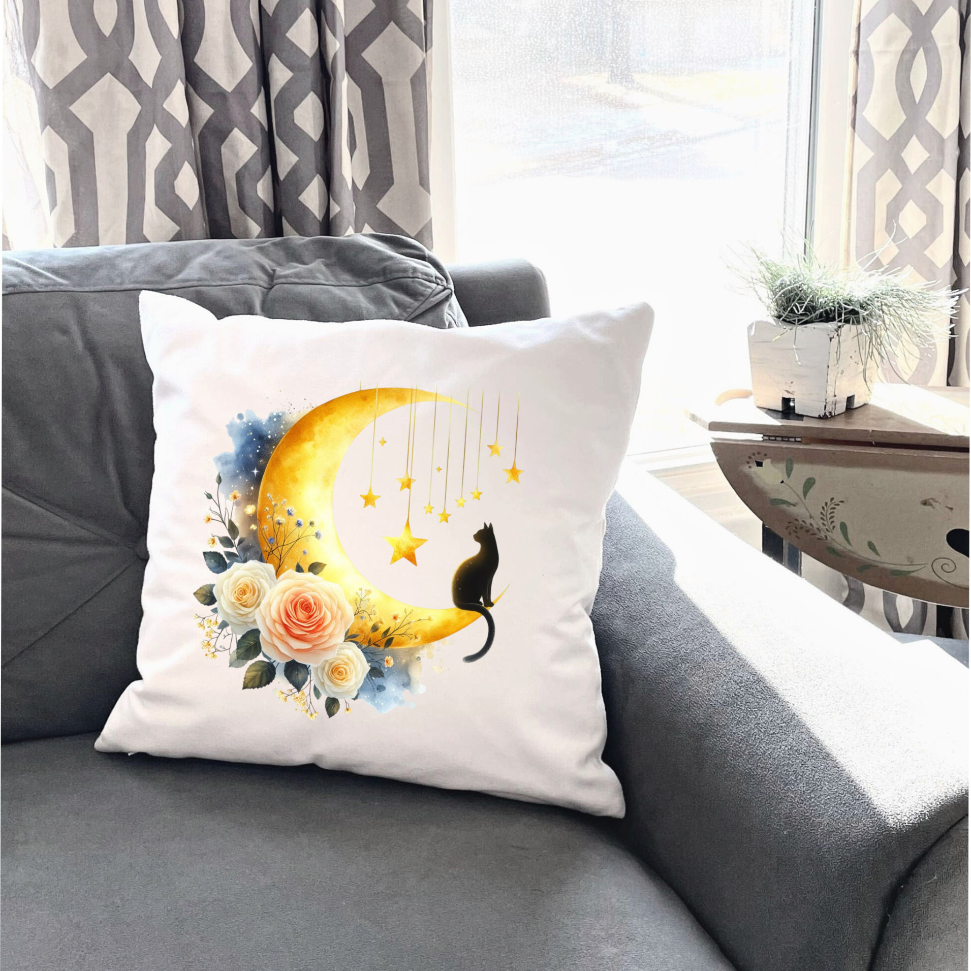 Moonlit Cat Floral Design – DTF Transfer
