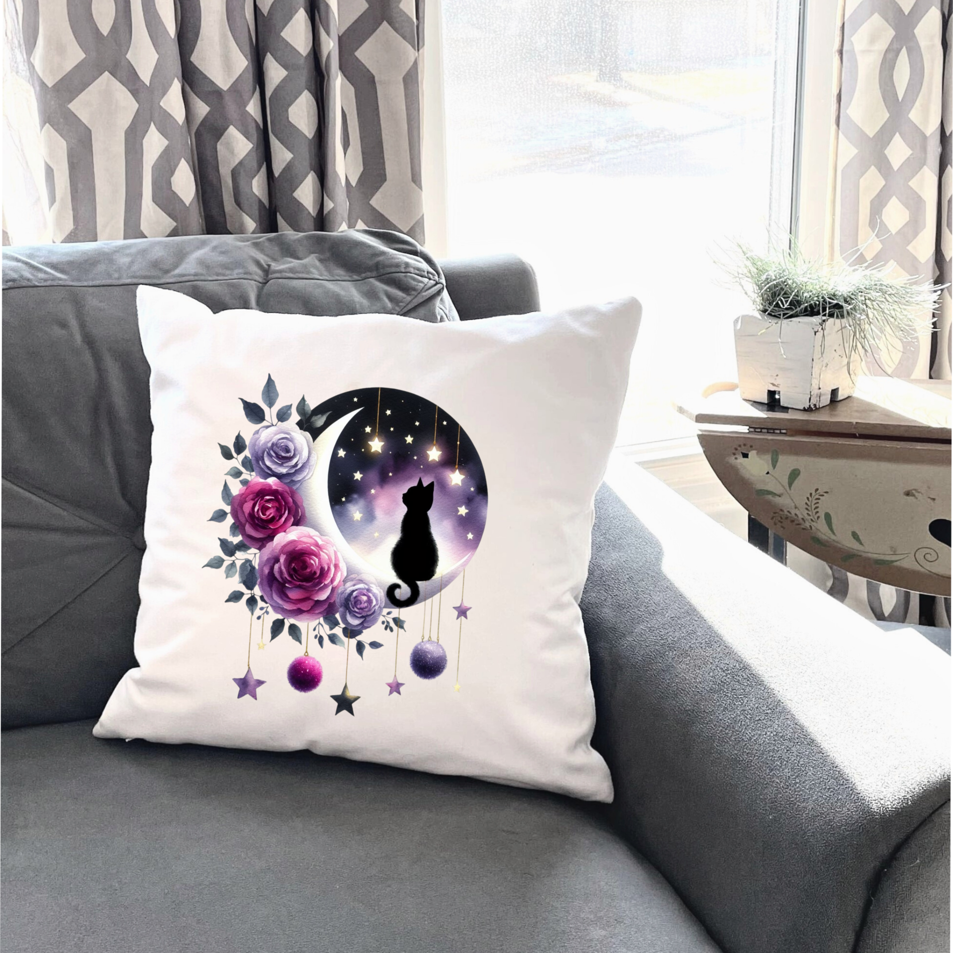 Moonlit Cat Floral Design – DTF Transfer