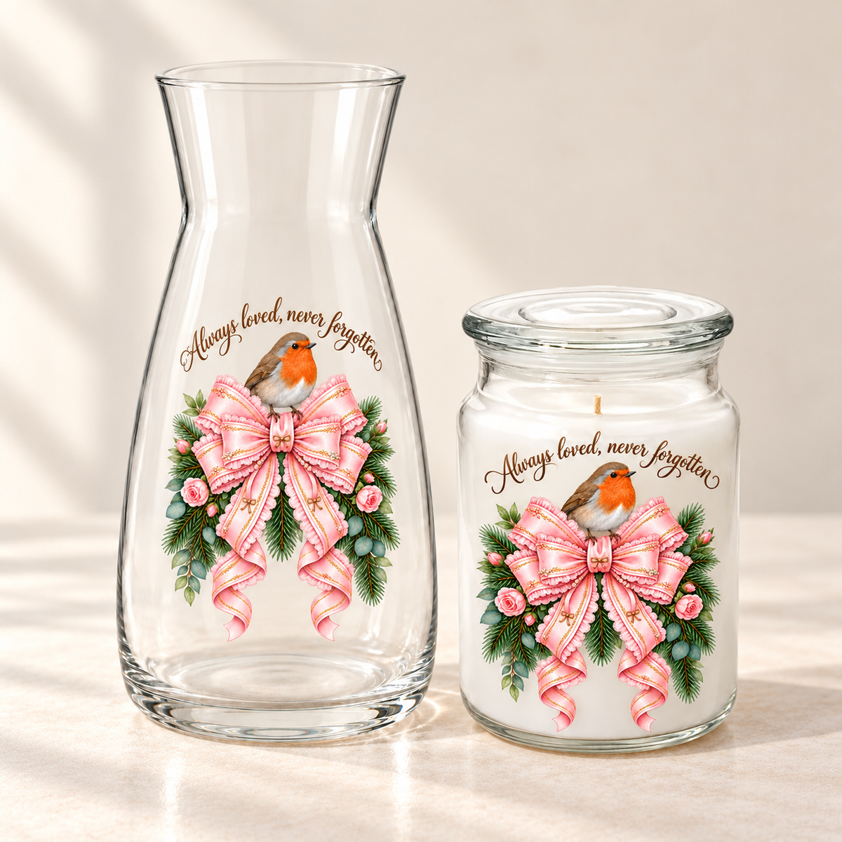 Always Loved, Never Forgotten Robin UV-DTF Decal Set – Vase & Candle (8cm + 7cm)