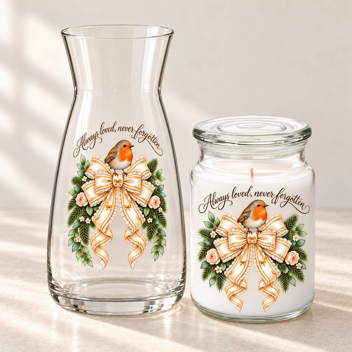 Always Loved, Never Forgotten Robin UV-DTF Decal Set – Vase & Candle (8cm + 7cm)