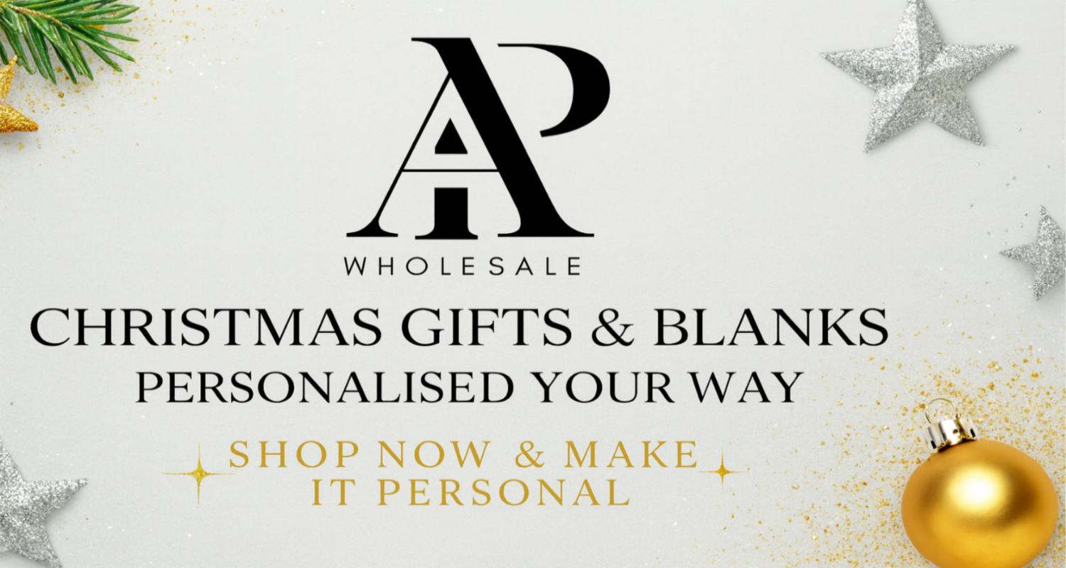 Advertisement for Christmas gifts and blanks with a personalized touch, featuring decorative elements on a light background.