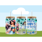 Three tumblers with Disney Princess design on a blue and green background