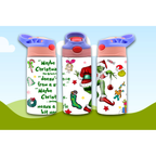 Three Christmas-themed water bottles with colorful designs on a light blue and green gradient background.