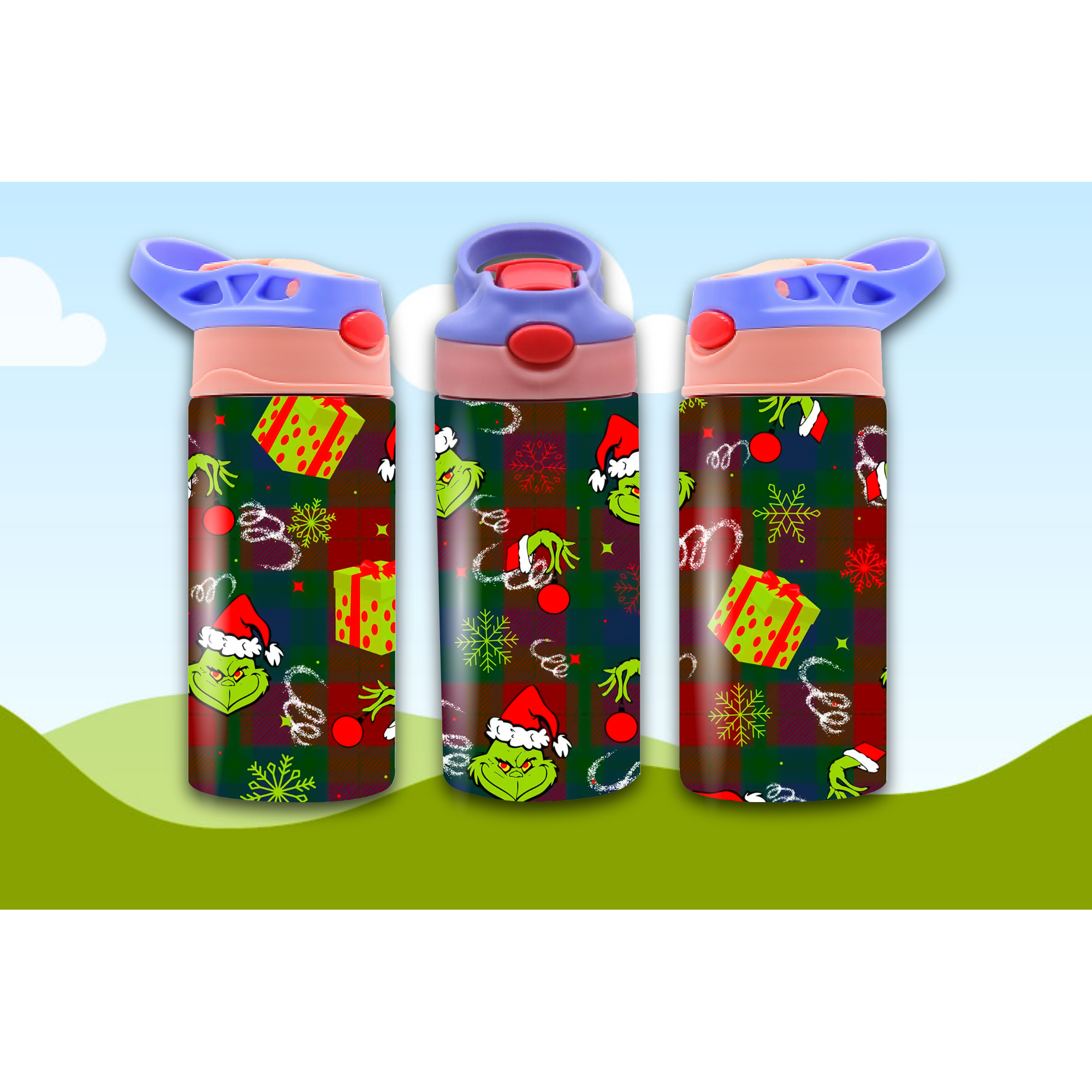 Three colorful water bottles with Christmas-themed designs on a light blue and green gradient background.