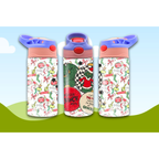 Three children's water bottles with colorful designs on a gradient background