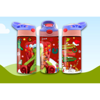 Three children's water bottles with Christmas-themed designs on a light blue and green gradient background.