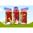 Three children's water bottles with Christmas-themed designs on a gradient background.