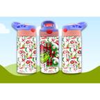 Three children's water bottles with festive designs on a blue and green gradient background