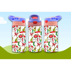 Three children's water bottles with festive design on a blue and green gradient background