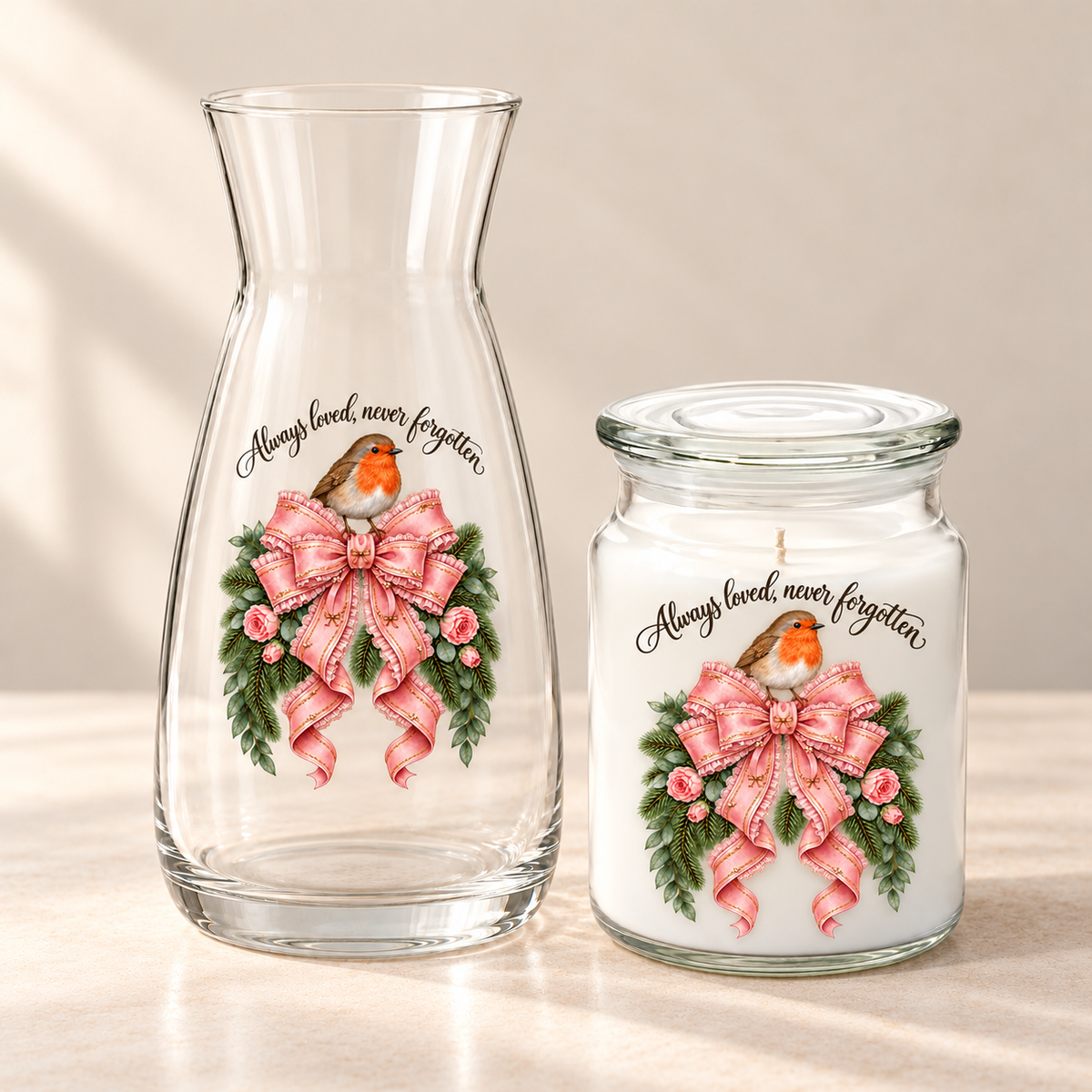 Always Loved, Never Forgotten Robin UV-DTF Decal Set – Vase & Candle (8cm + 7cm)