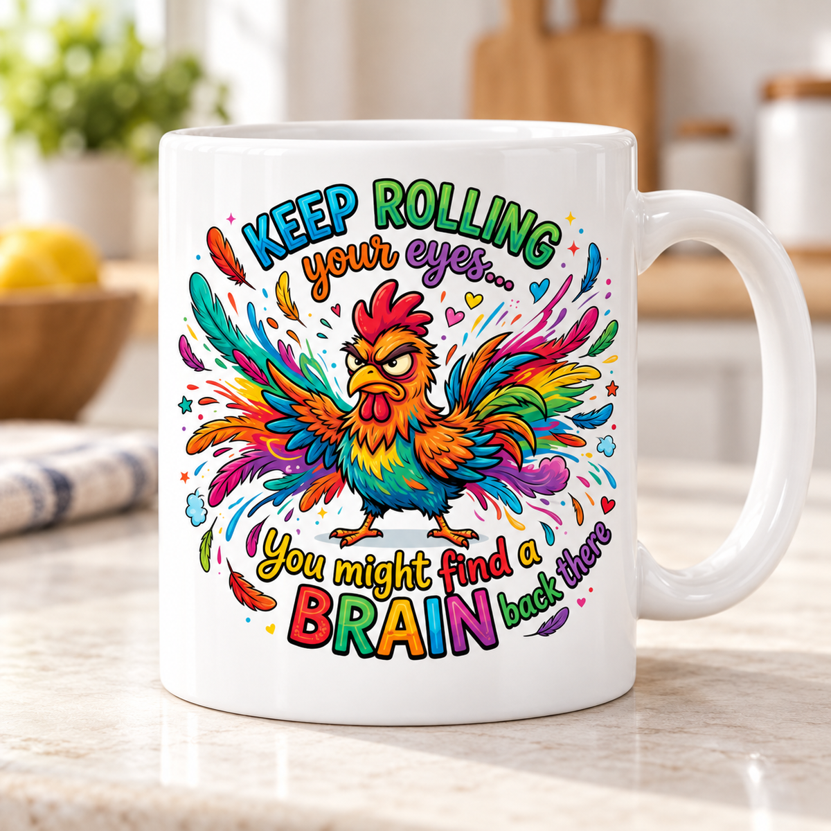 Moody Farmyard mug - Keep Rolling Your Eyes (Feather Rooster)