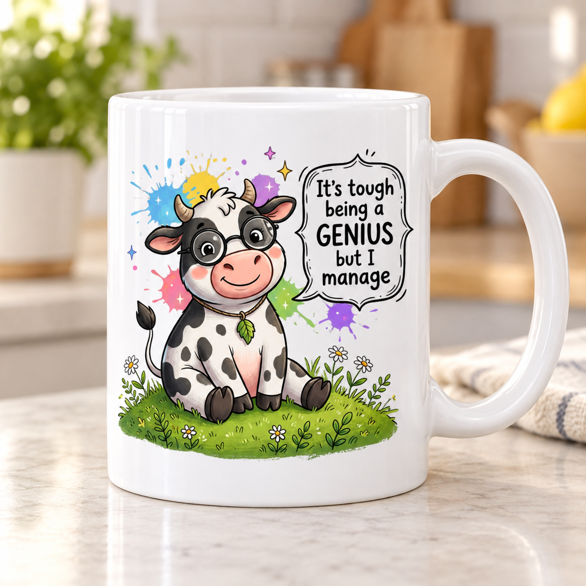 Moody Farmyard mug - Tough Being A Genius (Speech Bubble Cow)