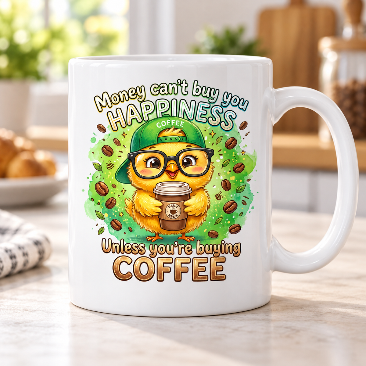 Moody Farmyard mug - Money Can't Buy Happiness (Green Chick)
