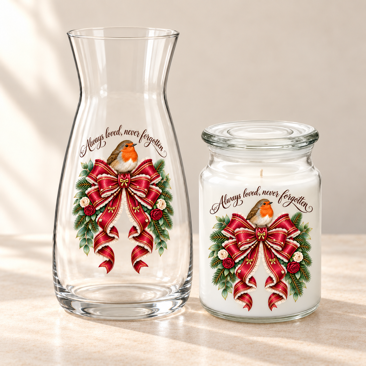 Always Loved, Never Forgotten Robin UV-DTF Decal Set – Vase & Candle (8cm + 7cm)