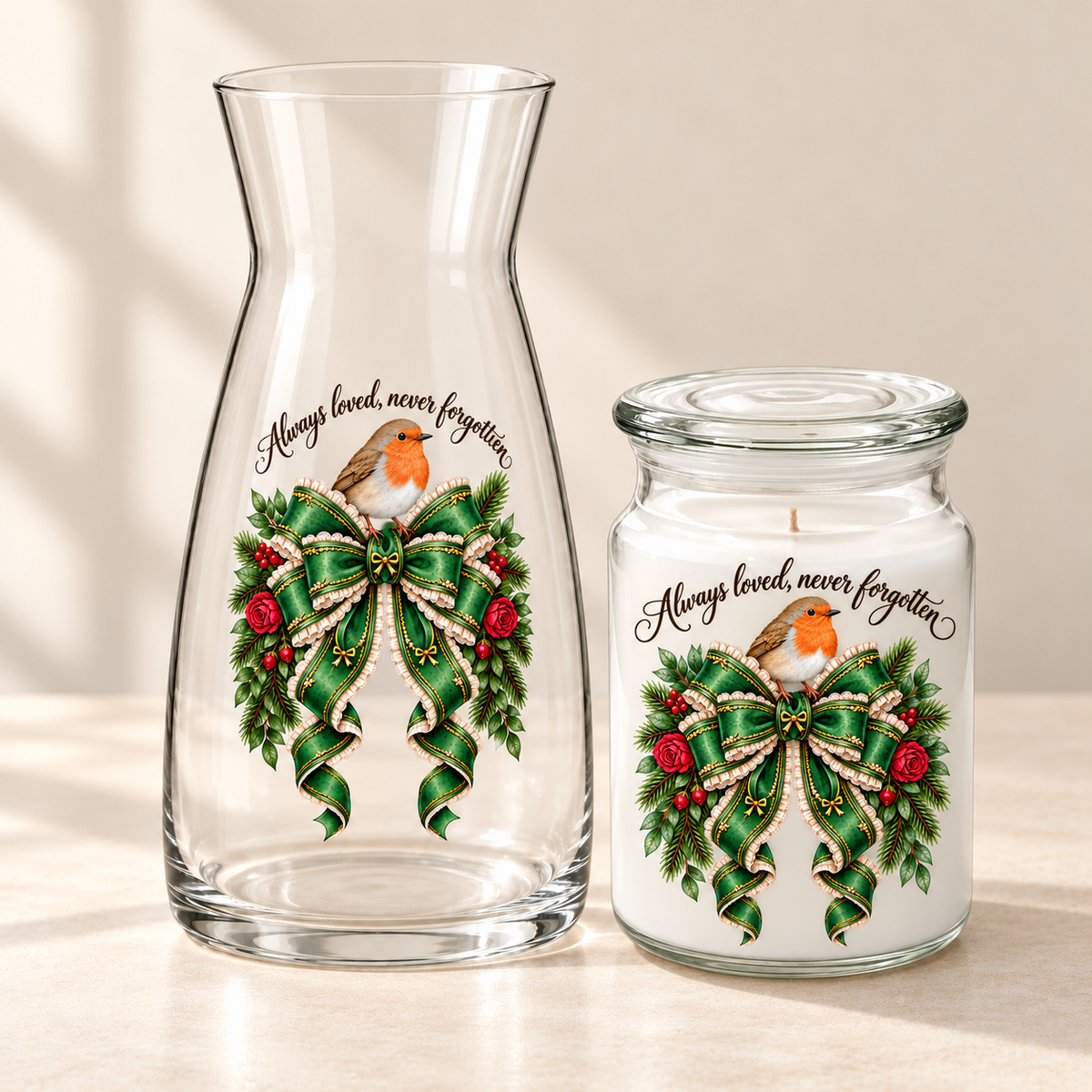 Always Loved, Never Forgotten Robin UV-DTF Decal Set – Vase & Candle (8cm + 7cm)
