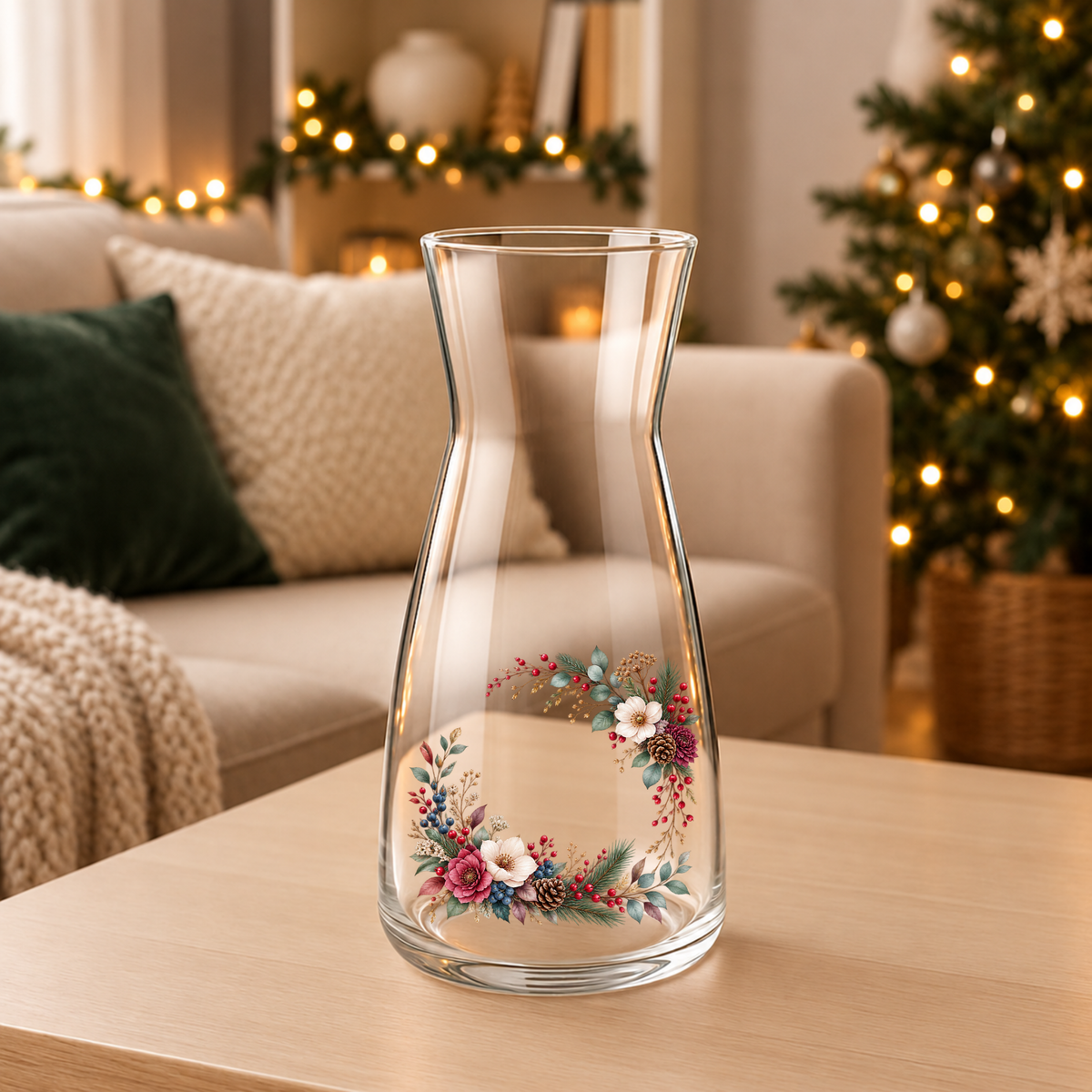 Berry & Pinecone Crescent UV-DTF decal on a clear glass vase