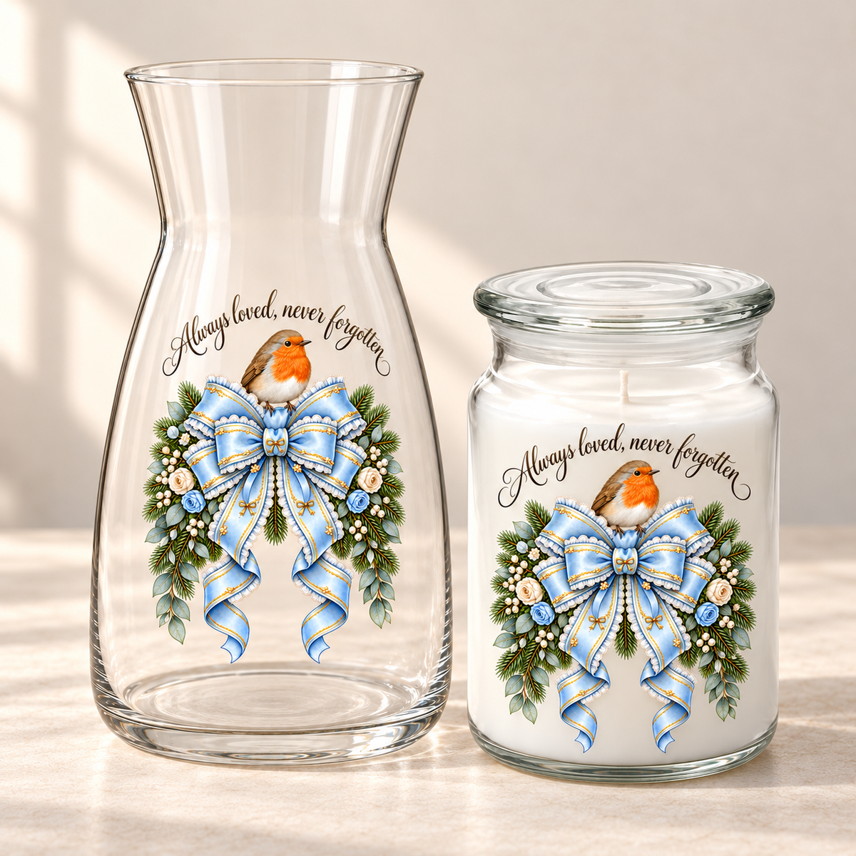 Always Loved, Never Forgotten Robin UV-DTF Decal Set – Vase & Candle (8cm + 7cm)