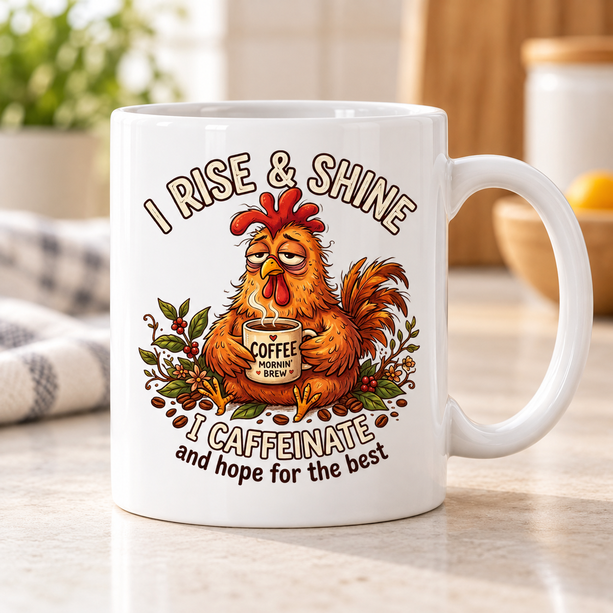 Moody Farmyard mug - Rise & Shine I Caffeinate (Sleepy Rooster)