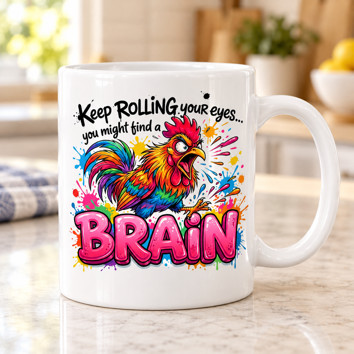 Moody Farmyard mug - Keep Rolling Your Eyes (Running Rooster)