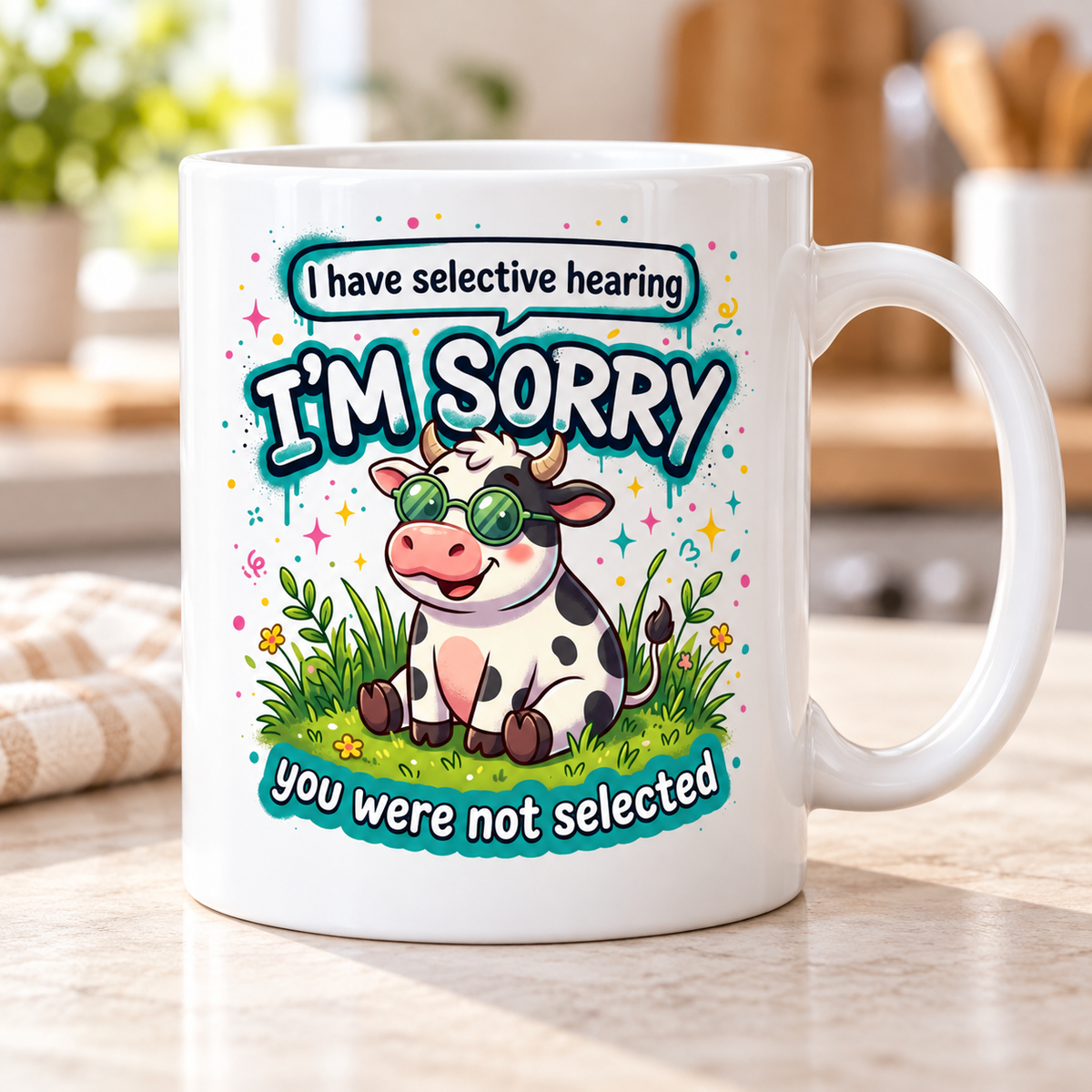 Moody Farmyard mug - Selective Hearing (Green Glasses Cow)