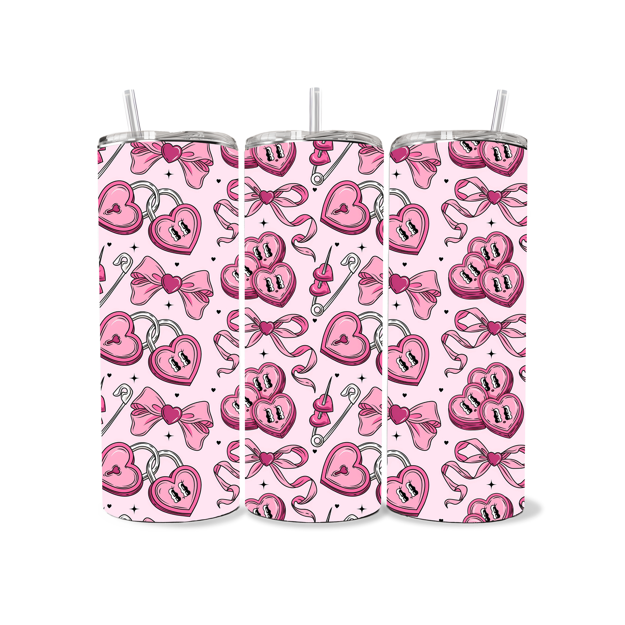 Three pink tumblers with heart and bow pattern on a white background
