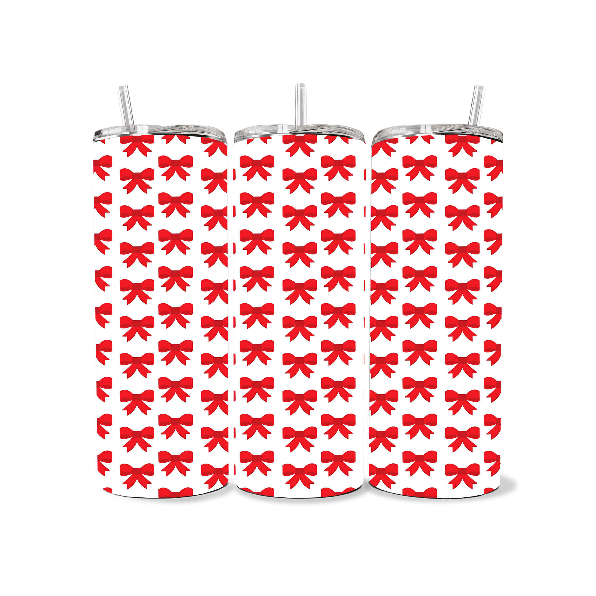 Three tumblers with red bow pattern on a white background UVDTF 