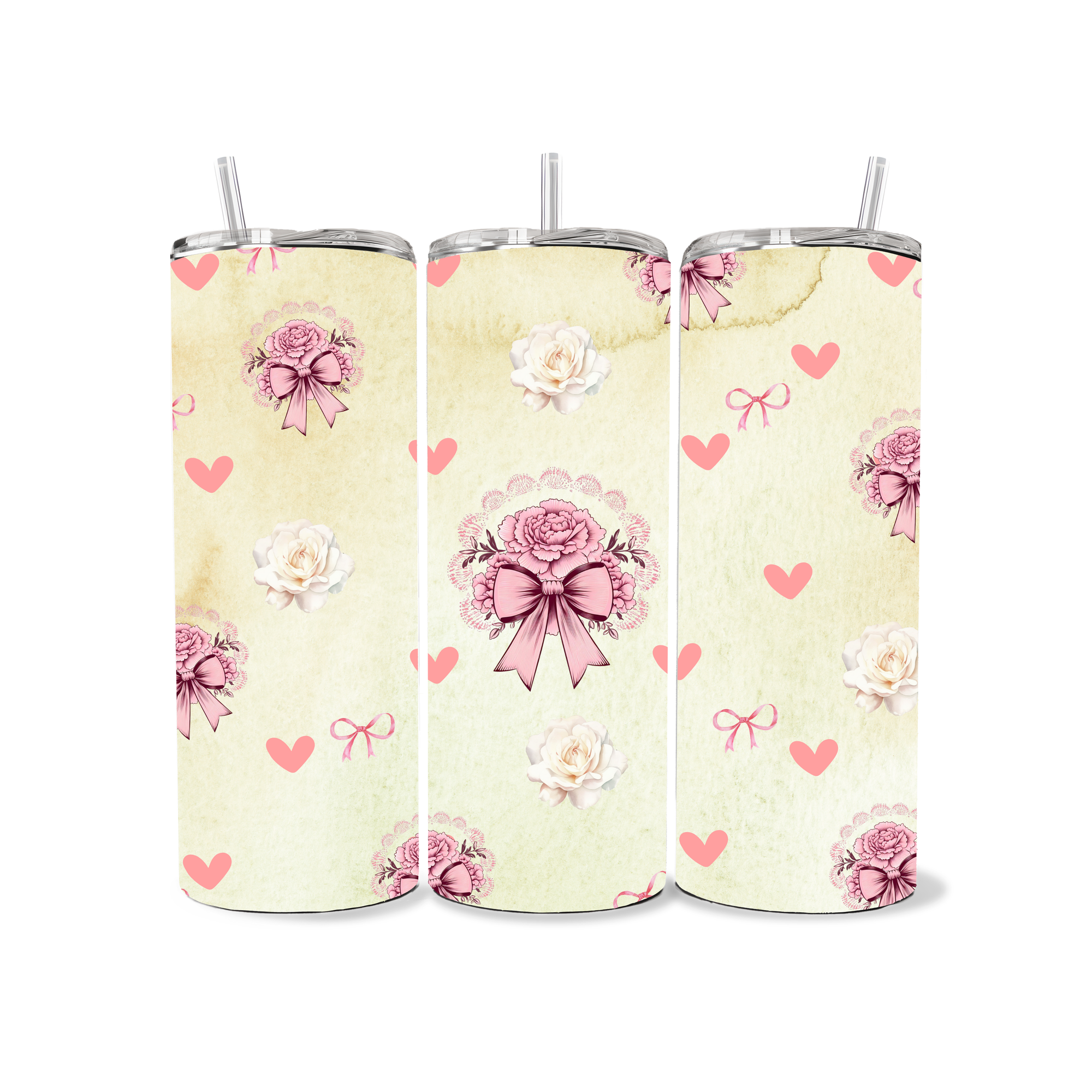 Three tumblers with floral and bow pattern on a light background