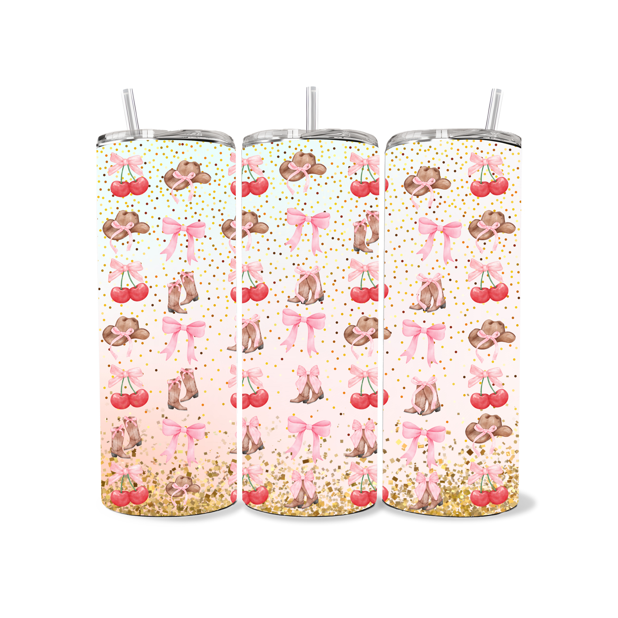 Three insulated tumblers with a pattern of cherries, bows, and dogs on a white background.
