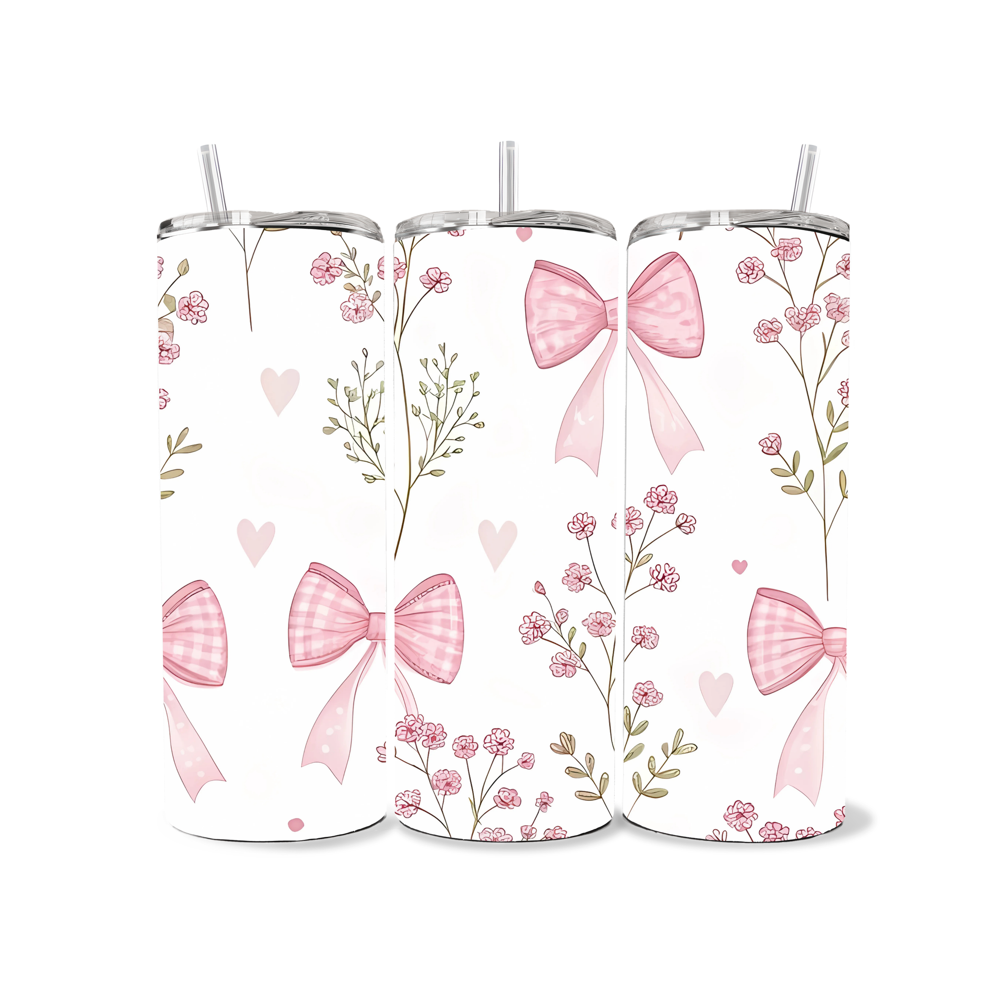 Set of three tumblers with pink bows and floral patterns on a white background