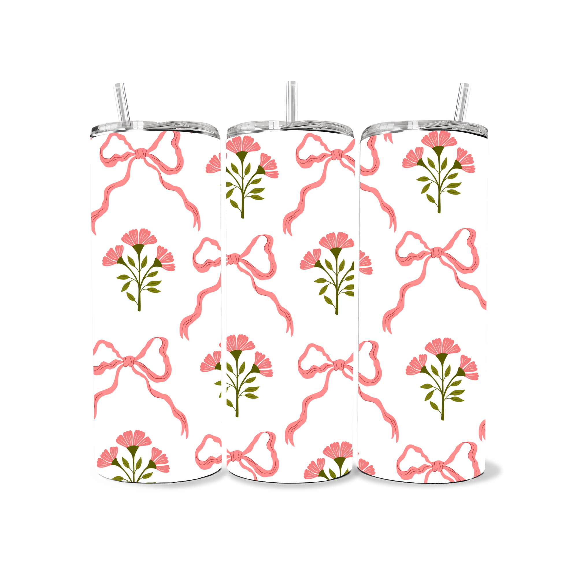 Three tumblers with floral and bow pattern on a white background