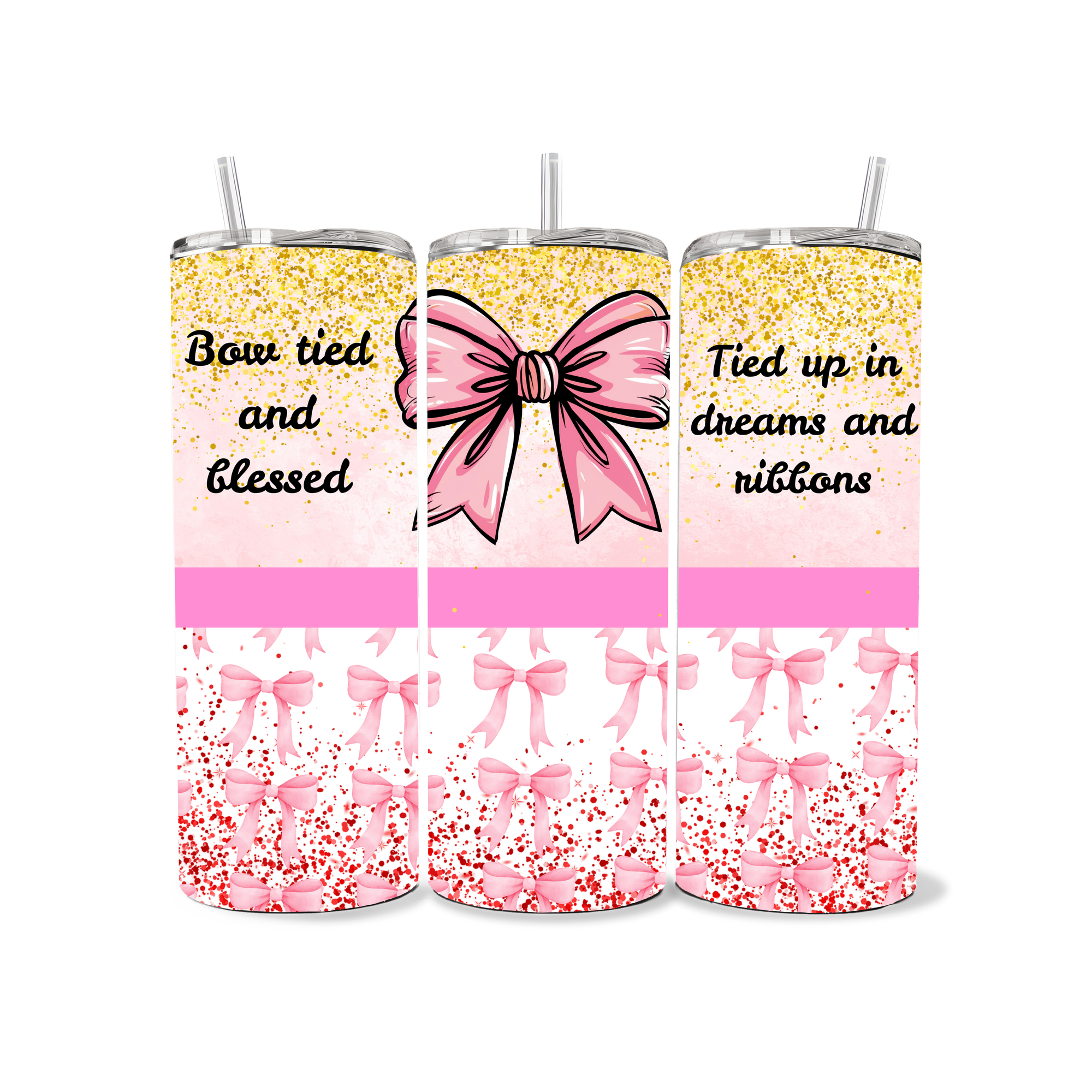 Three tumblers with pink bows and text on a white background