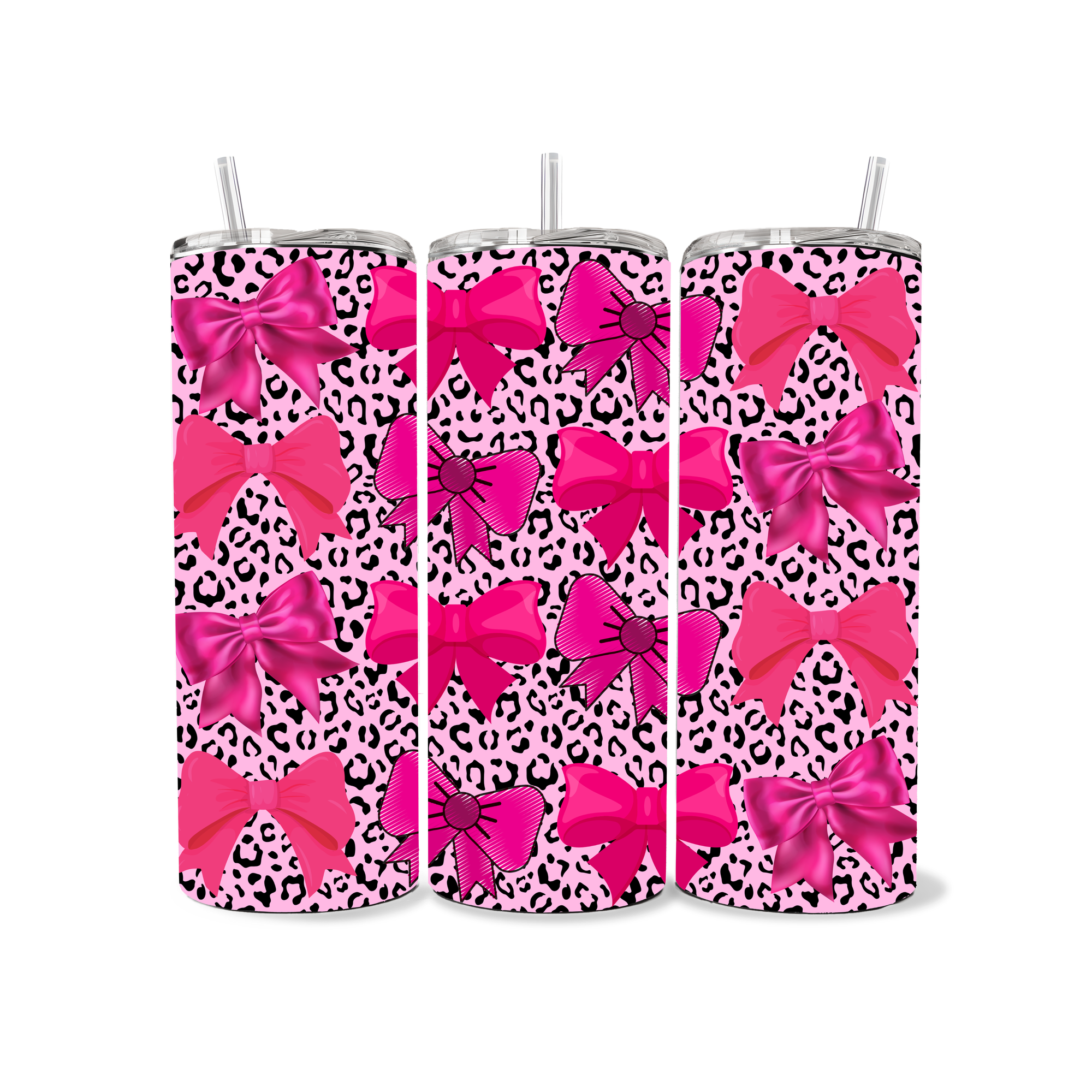 Three slim tumblers with pink bows and leopard print pattern on a white background