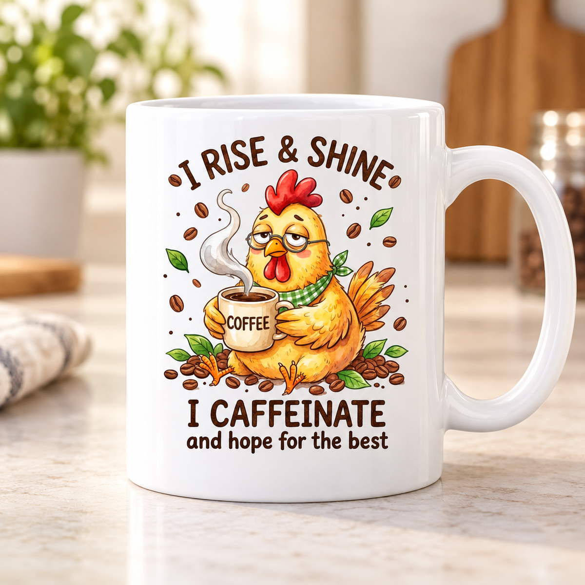 Moody Farmyard mug - Rise & Shine I Caffeinate (Glasses Chicken)