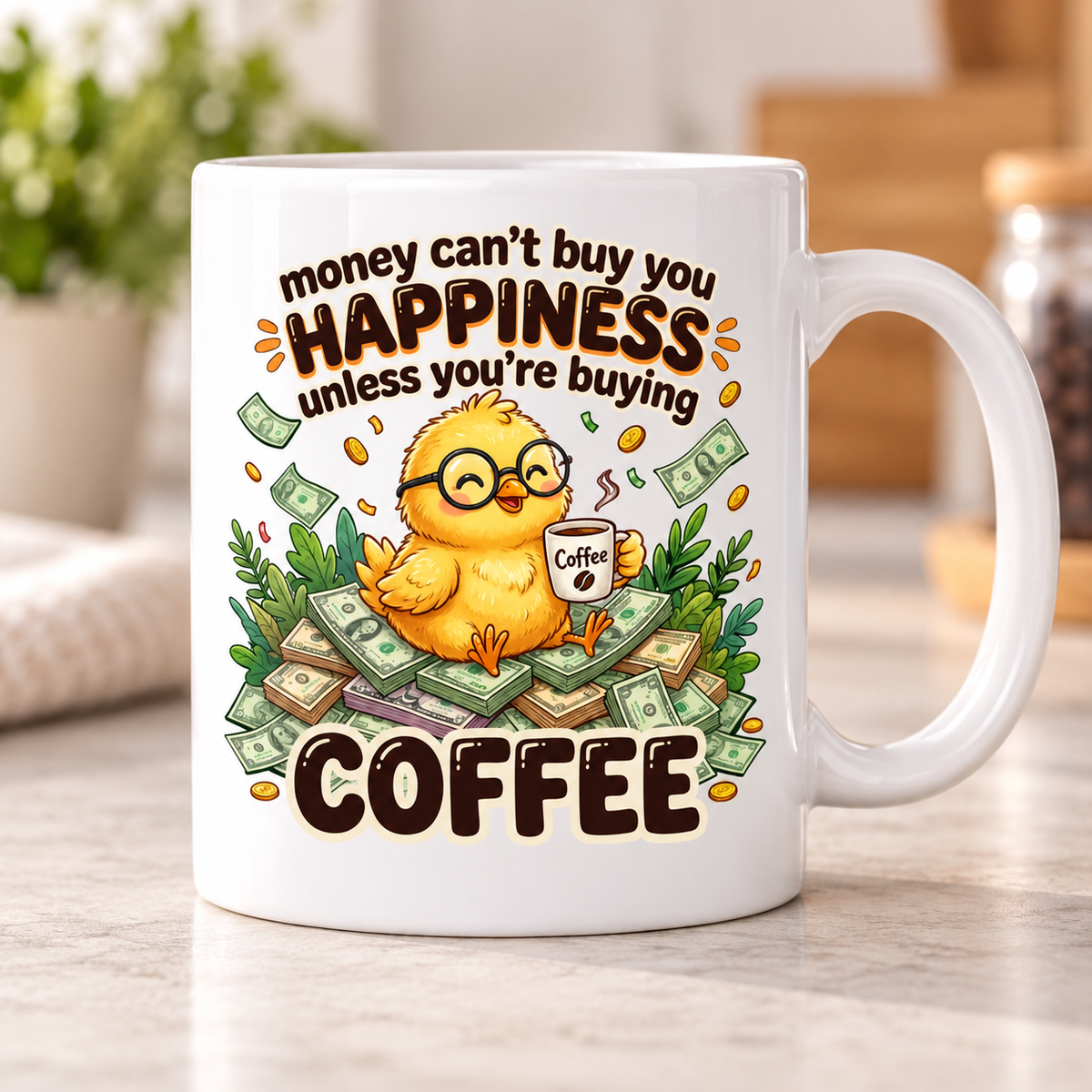 Moody Farmyard mug - Money Can't Buy Happiness (Coffee Mug Chick)
