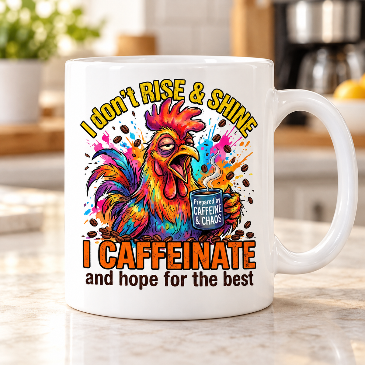 Moody Farmyard mug - I Don't Rise & Shine (Rainbow Rooster)