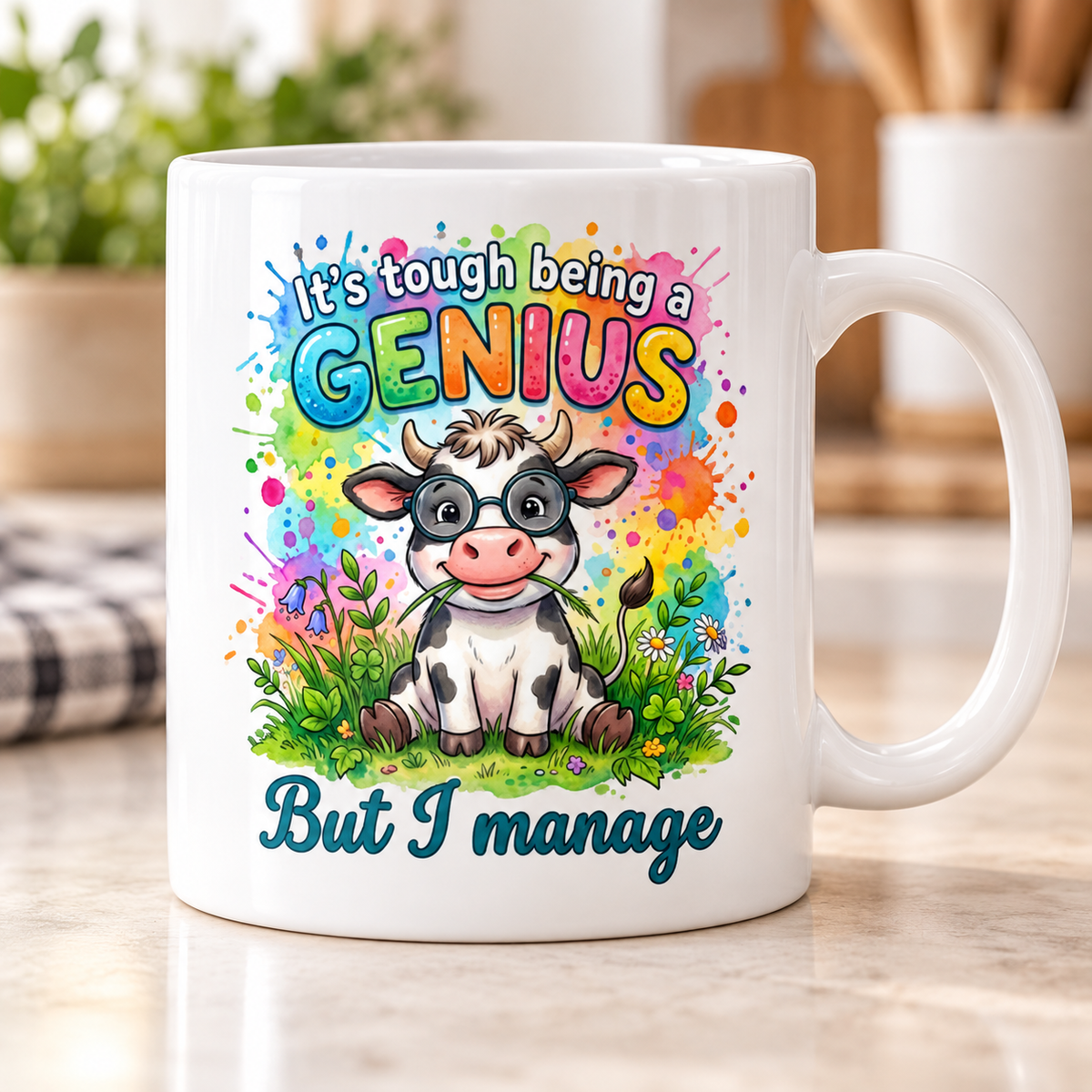 Moody Farmyard mug - Tough Being A Genius (Watercolour Cow)