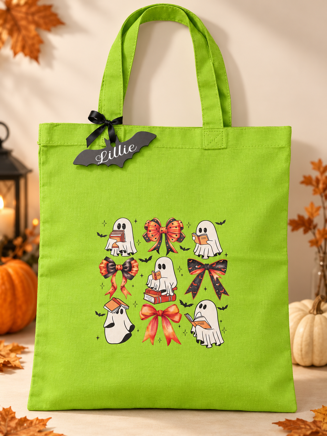 Example use: personalised bat attached to a green Halloween bag. Bag, ribbon and personalisation not included.