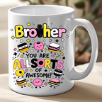 White mug with colorful text and graphics on a beige surface