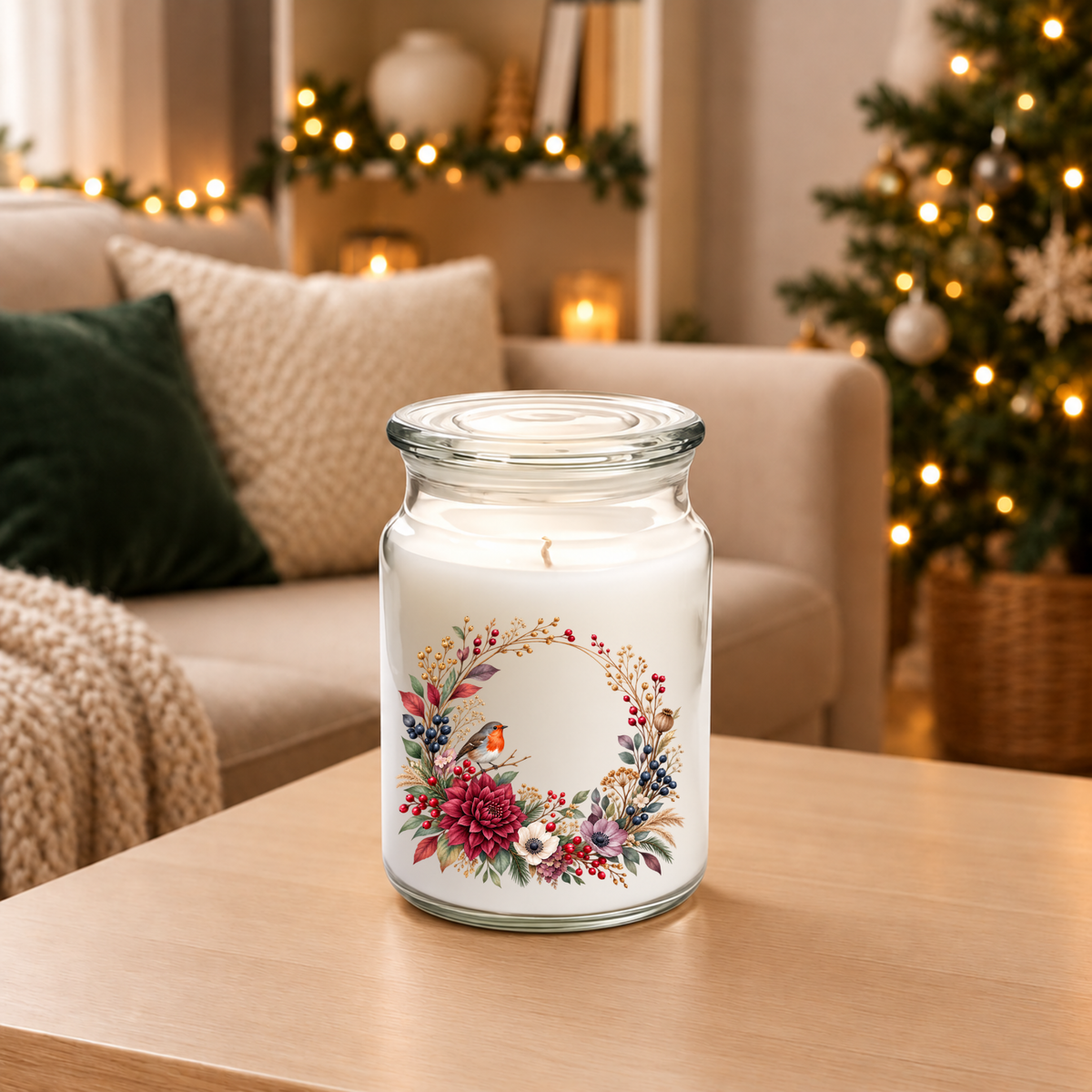 Robin Wreath UV-DTF decal on a large jar candle