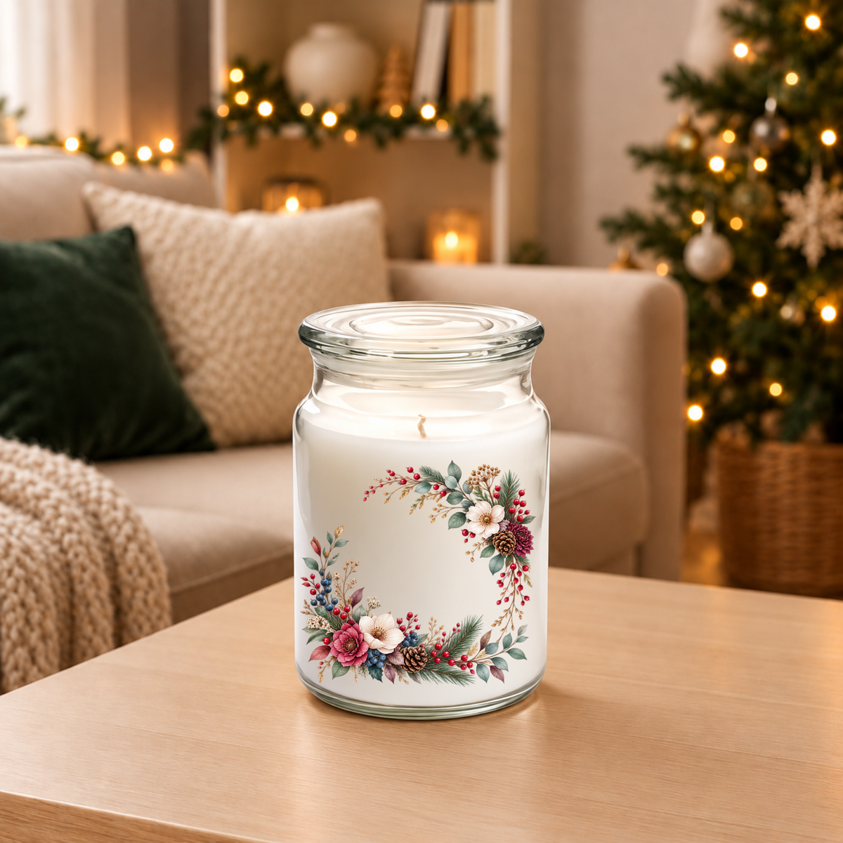 Berry & Pinecone Crescent UV-DTF decal on a large jar candle