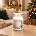 Robin & Anemone Wreath UV-DTF decal on a large jar candle