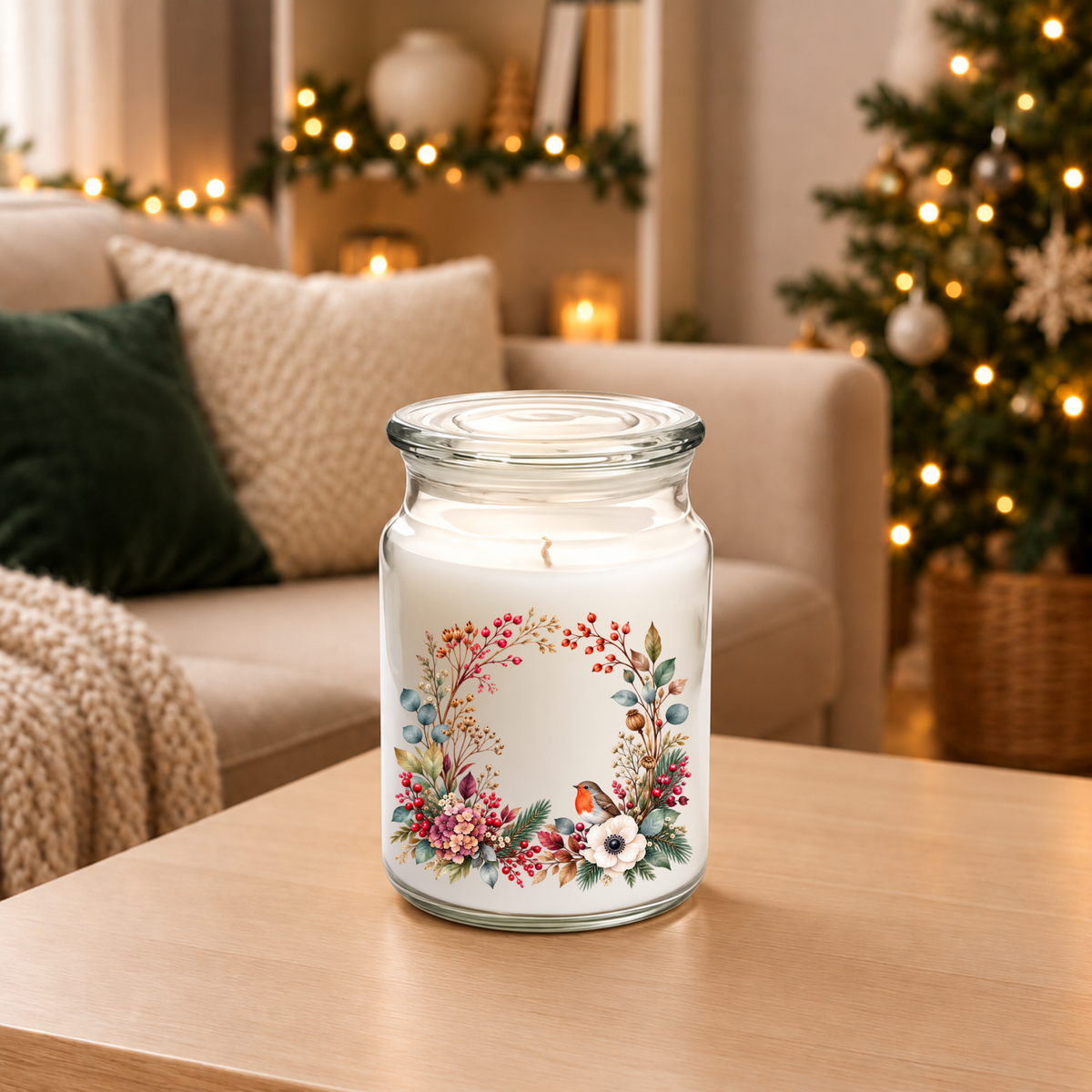 Robin & Anemone Wreath UV-DTF decal on a large jar candle