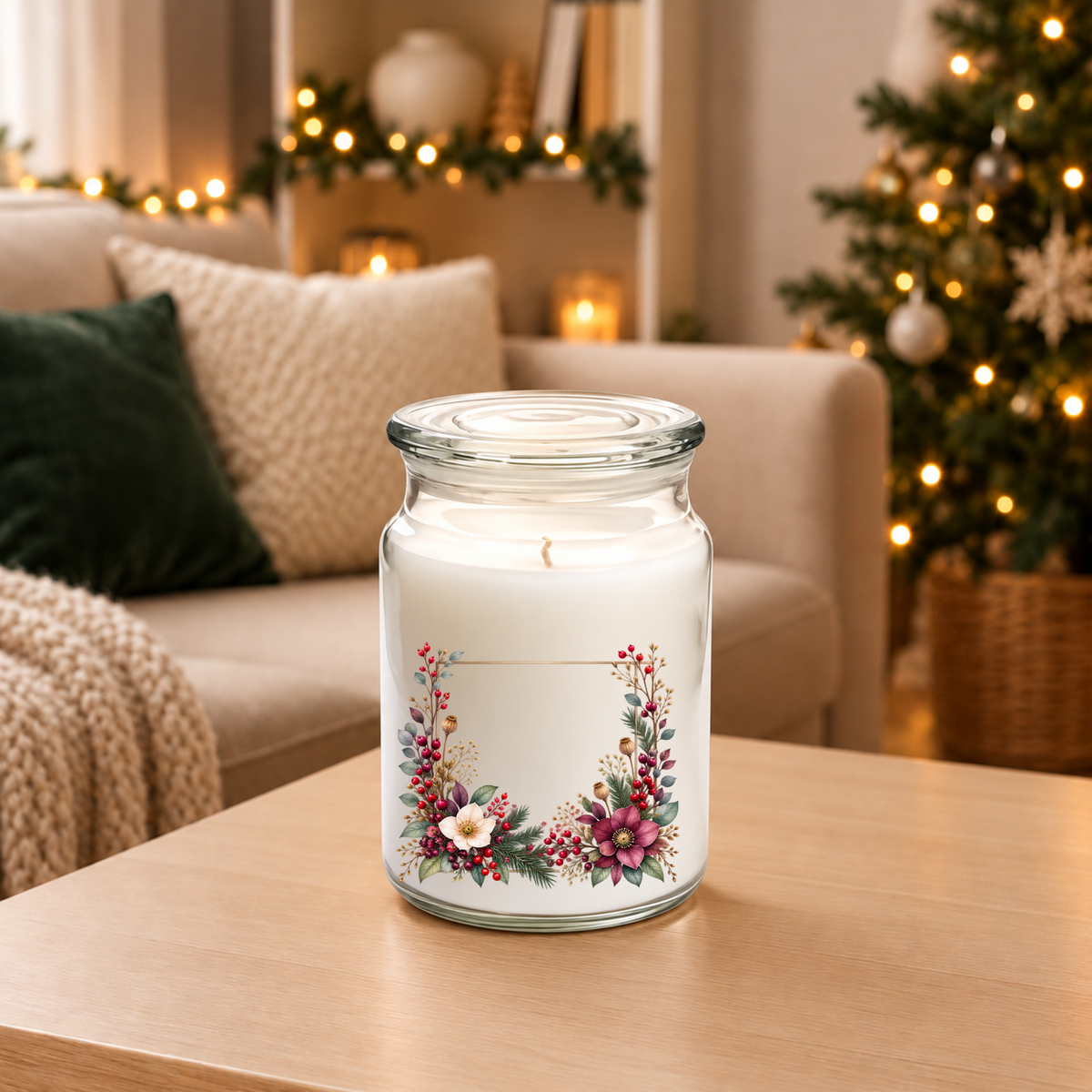 Hellebore Gold Frame UV-DTF decal on a large jar candle
