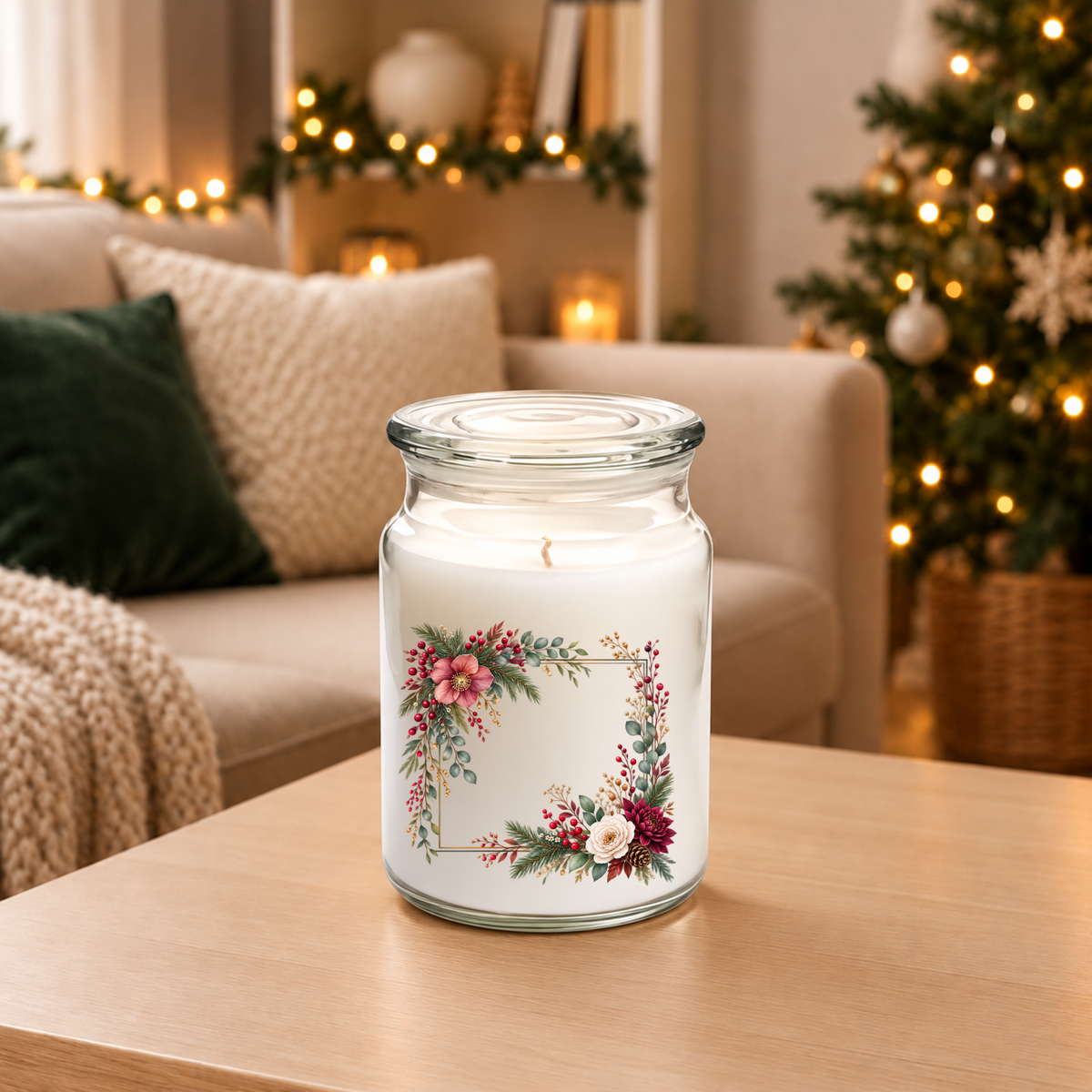 Rose & Dahlia Gold Frame UV-DTF decal on a large jar candle
